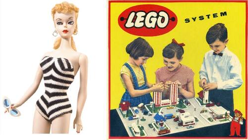 Afbeelding bestaande uit links een foto van een ouderwetse Barbiepop en rechts een ouderwetse reclame-afbeelding voor Lego.