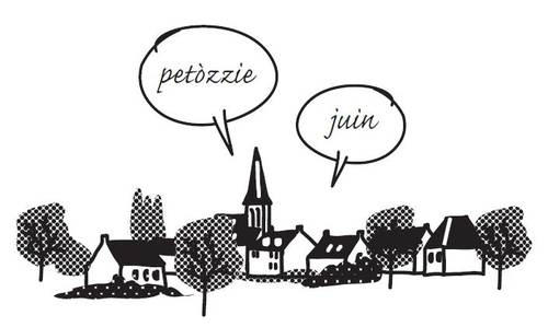 Tekening van huisjes en spreekwolkjes, horende bij de cursus 'Wat je zegt ben je zelf'. Bron Erfgoed Brabant.
