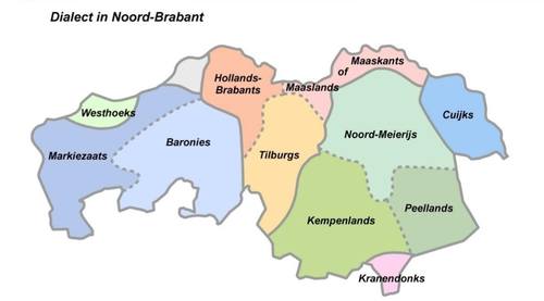 Kaartje met de dialectgrenzen van Noord-Brabant.