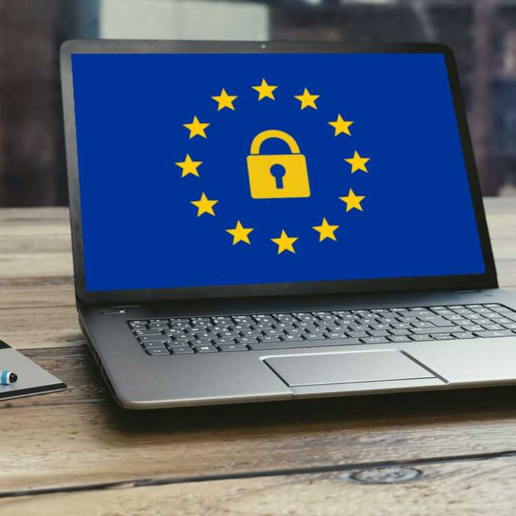 Laptopscherm met daarop een afbeelding van de EU-sterrencirkel met daarin een slot. Bron Pixabay.