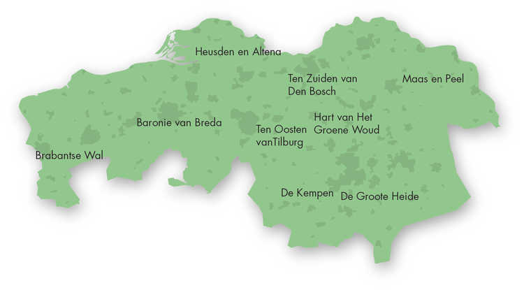 Illustratie kaart met negen regio's van Brabants Landschap. Ontwerper: Dijkmeijer-Information-design.