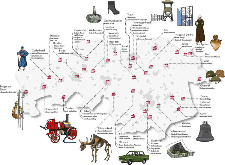 Illustratie kaart met geregistreerde musea in Brabant. Ontwerper: Dijkmeijer-Information-design.