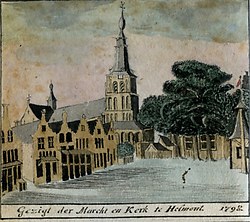 Afbeelding van de markt en de kerk in Helmond uit een boek van koster Brock.