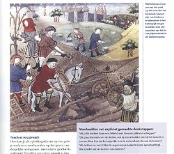 Pagina uit tijdschrift met afbeelding van Middeleeuwse boeren aan het werk op het land.