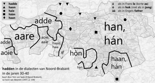 Dialectkaart Toon Weijnen, 'Hadden' (Weijnen 1937, p. 134). Opnieuw vormgegeven door Yoïn van Spijk, 2023.